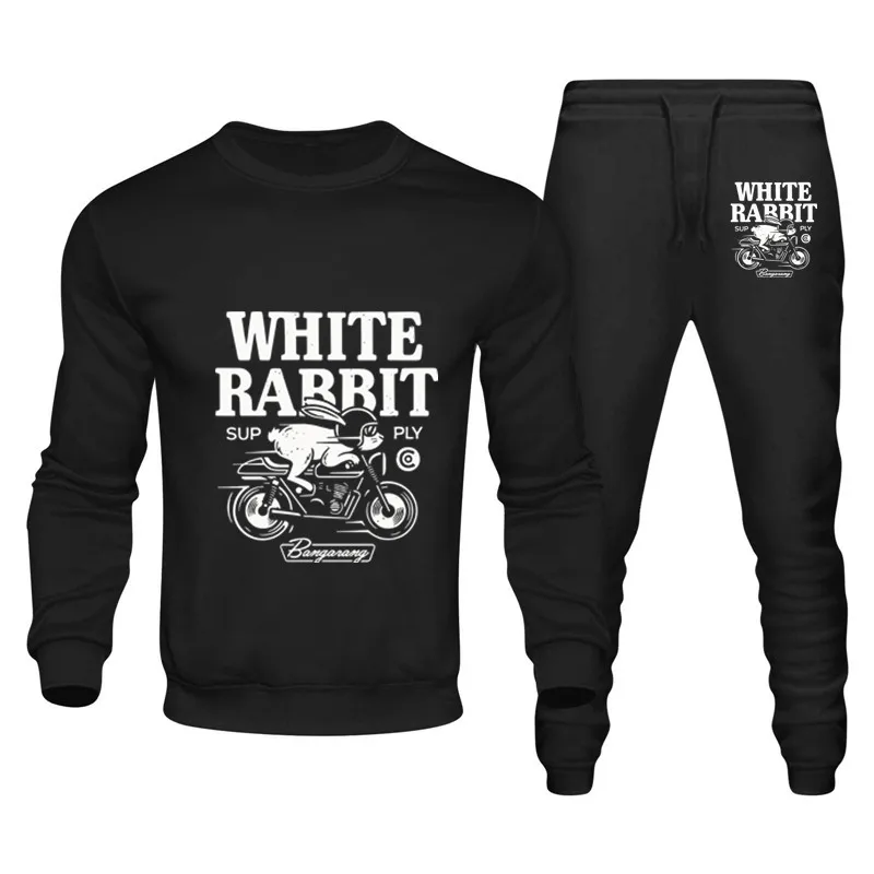 2024 Fashion WHITE RABBIT Print Tracksuit for Men Hooded Sweatshirt and Sweatpants Suits Male Casual Fitness Jogging Sports Sets