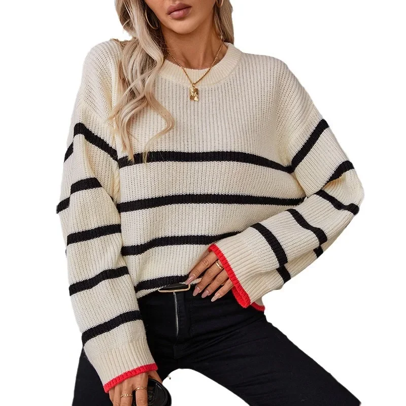 Pullovers Women Tops Knitted Sweaters Round Neck Full Sleeve Striped Casual Regular Top Jumpers Elegant Splice Autumn Winter