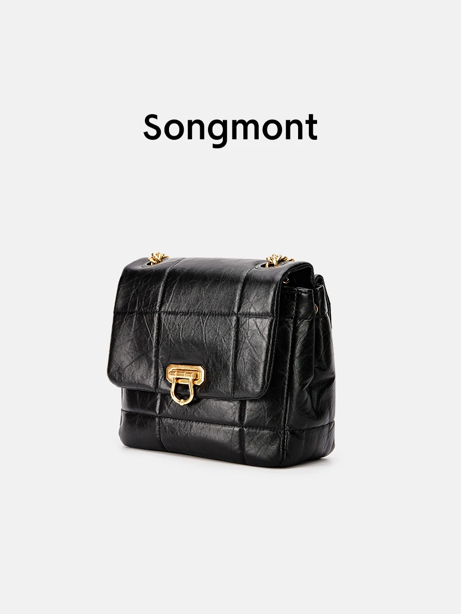 Songmont Medium soft chocolate bags for women shoulder classic chain bags top layer cowhide leather square style