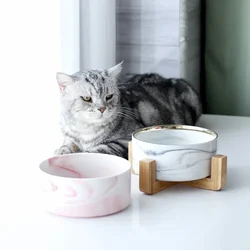 Marbling Cat Ceramics Bowl with Wood Stand Pet Double Bowls for Food Water Small Puppy Dogs Elevated Feeding Supplies