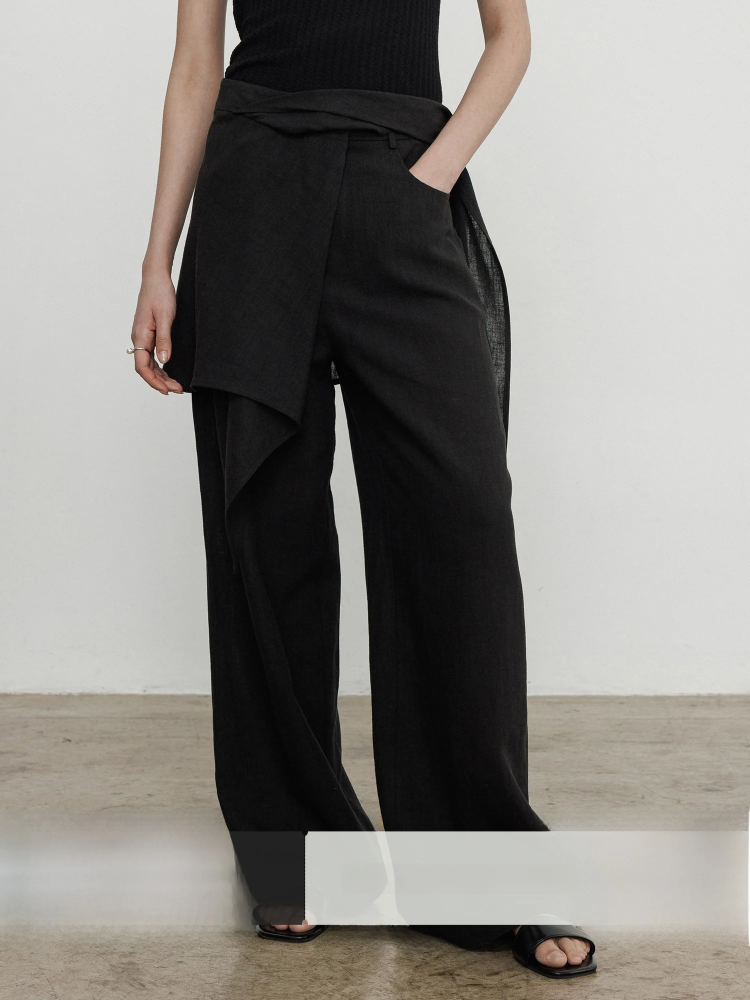 

Black Wide Leg Casual Pants Women's Summer New Style Flax Loose Fit Pants with Pocket High Waist Straight Leg Knitted