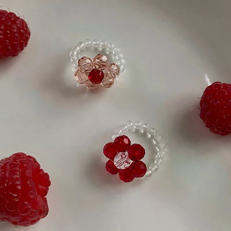 Vintage Crystal Beaded Flower Elastic Rings Rice Beads Handmade Woven Flower Rings For Women Bohemian Jewelry Girls Party Gifts