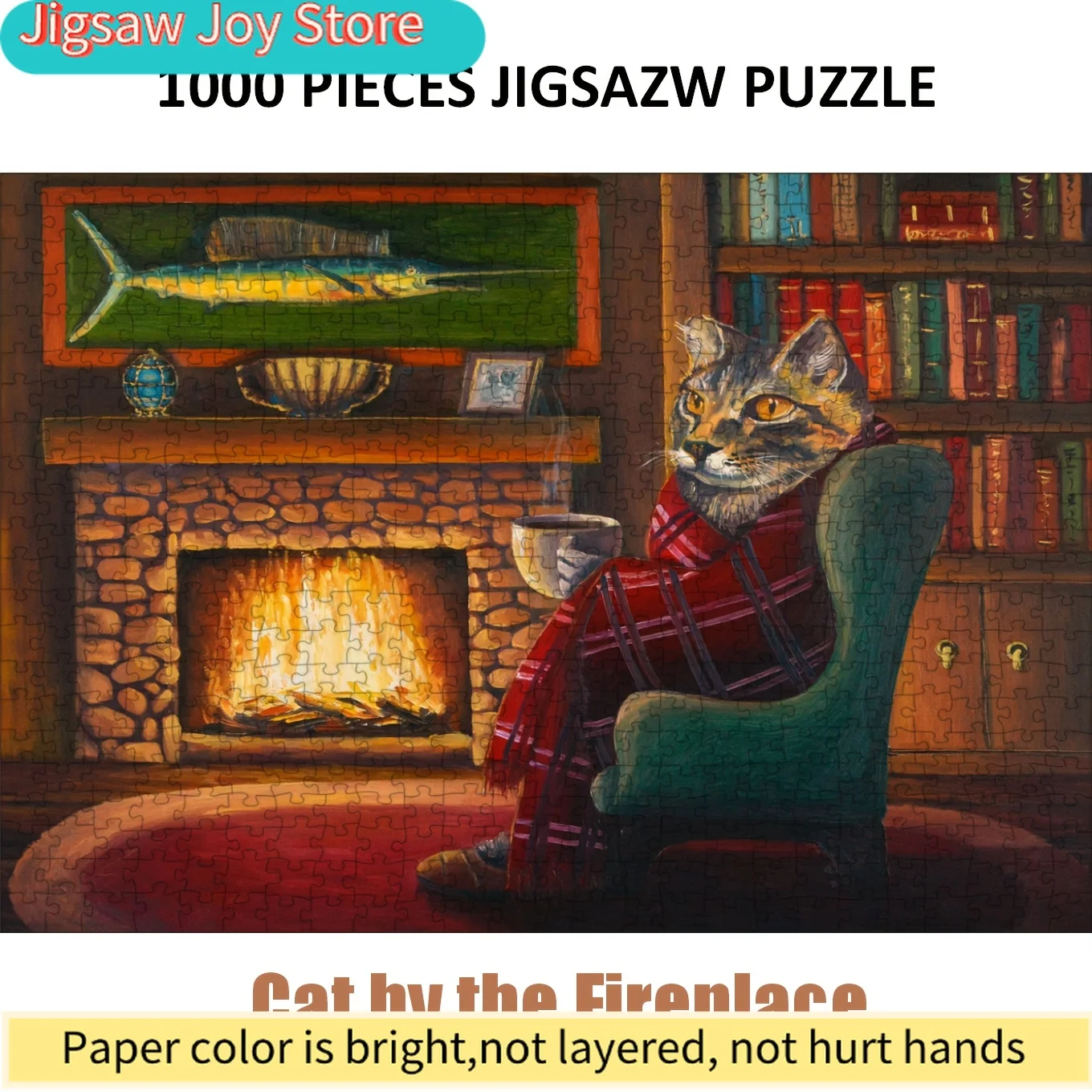 

Пазл для взрослых «Кот у камина», бумажные пазлы, подарки на День Благодарения и Рождество, 69×51 см (27×20 дюймов)