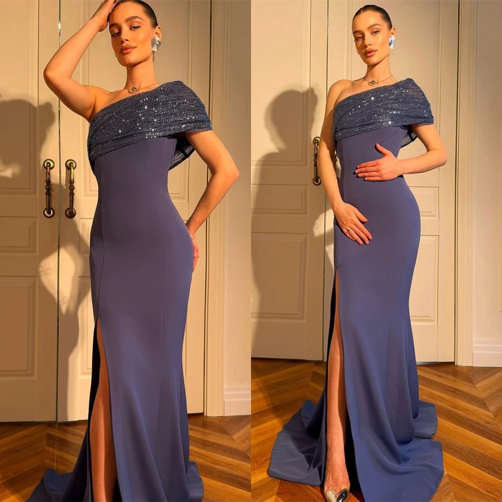 

Customized Luxury One Shoulder Satin Straight Evening Elegant Dress Celebrity Gowns Sexy Side Slit Special Occasion Gowns
