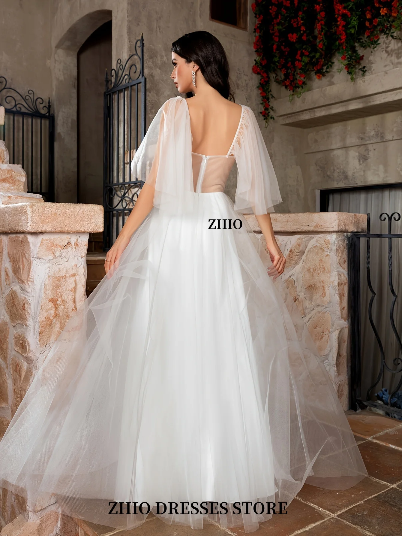 ZHIO Kant Koreaanse trouwjurk met lange mouwen Off-shoulder A-lijn bruidsjurk Backless prinses sticker bruidsjurk op maat