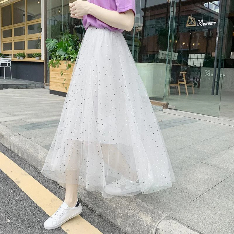 Spring Summer High Waist Elegant Sequins Mesh Skirt Ladies Temperament All-match Fairy Ankle Length A-line Skirts Female Clothes