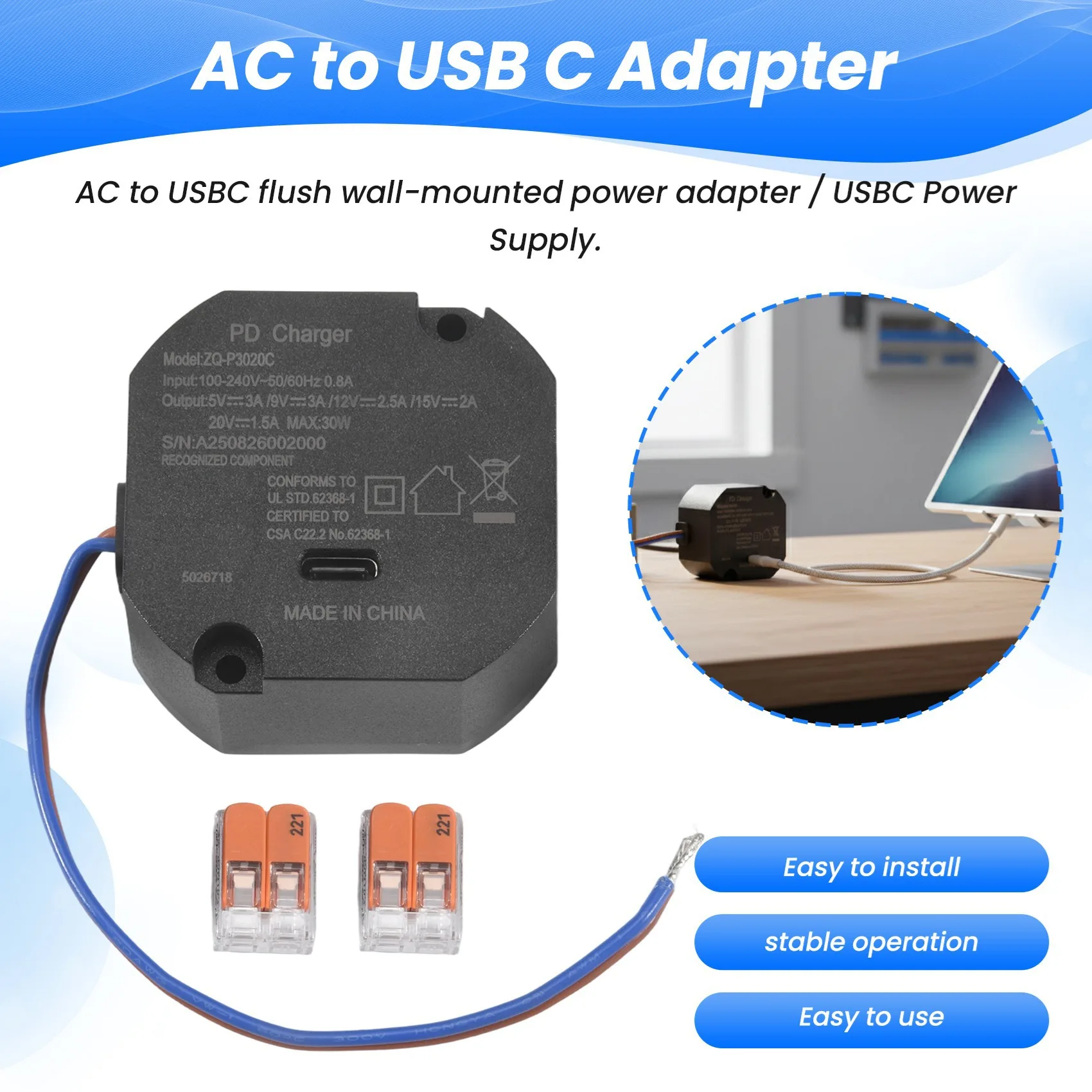 ABVO-AC To USB C Adapter Flush Wall-Mounted Power Supply For USB-C Tablets 5-20V With Output 30W For Ipad