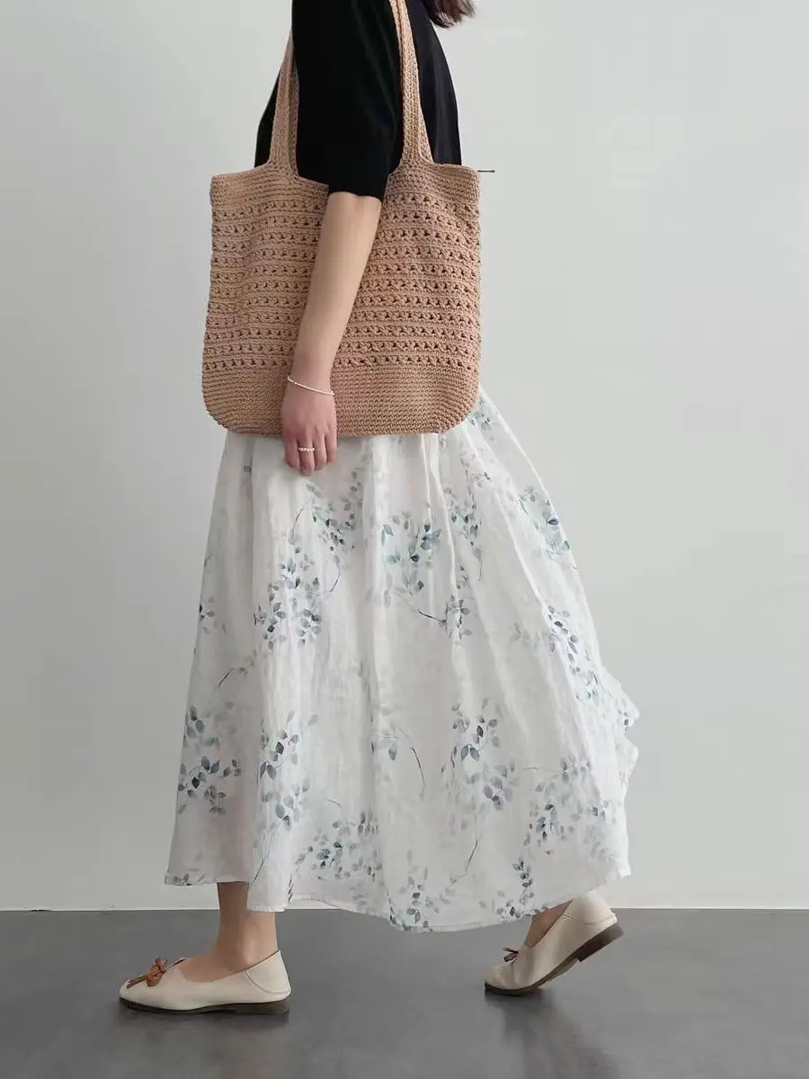 

Весна 2026: Новая двухслойная юбка миди с цветочным принтом, свободная талия, широкий подол, художественный повседневный стиль, А-силуэт, для женщин больших размеров