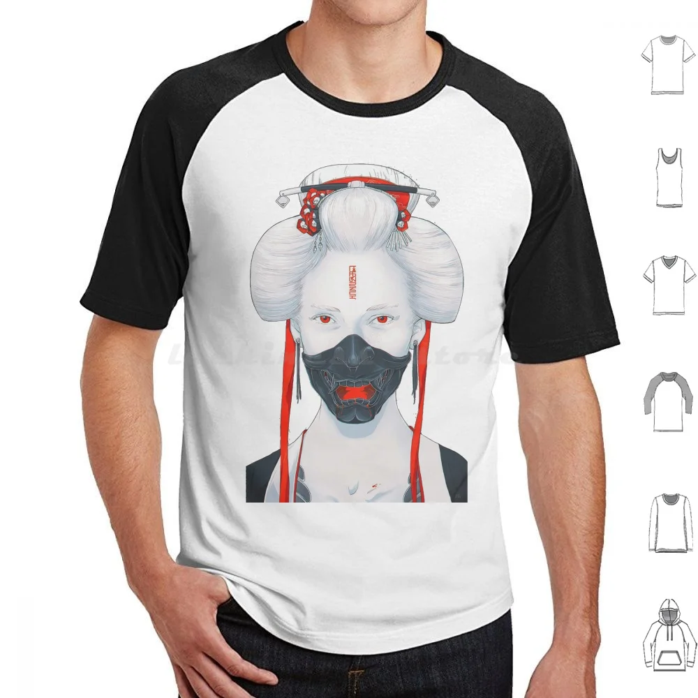 Japanese Geisha Fine Art Illustration T Shirt Big Size 100% Cotton Cyborg Girl Vaporwave Japanese Hipster Future Fashion Urban