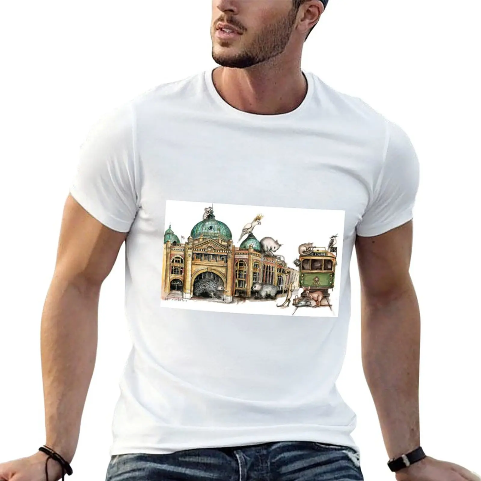 Melbourne tram and Flinders street T-Shirt Comfortable Workout Short Sleeve Shirt