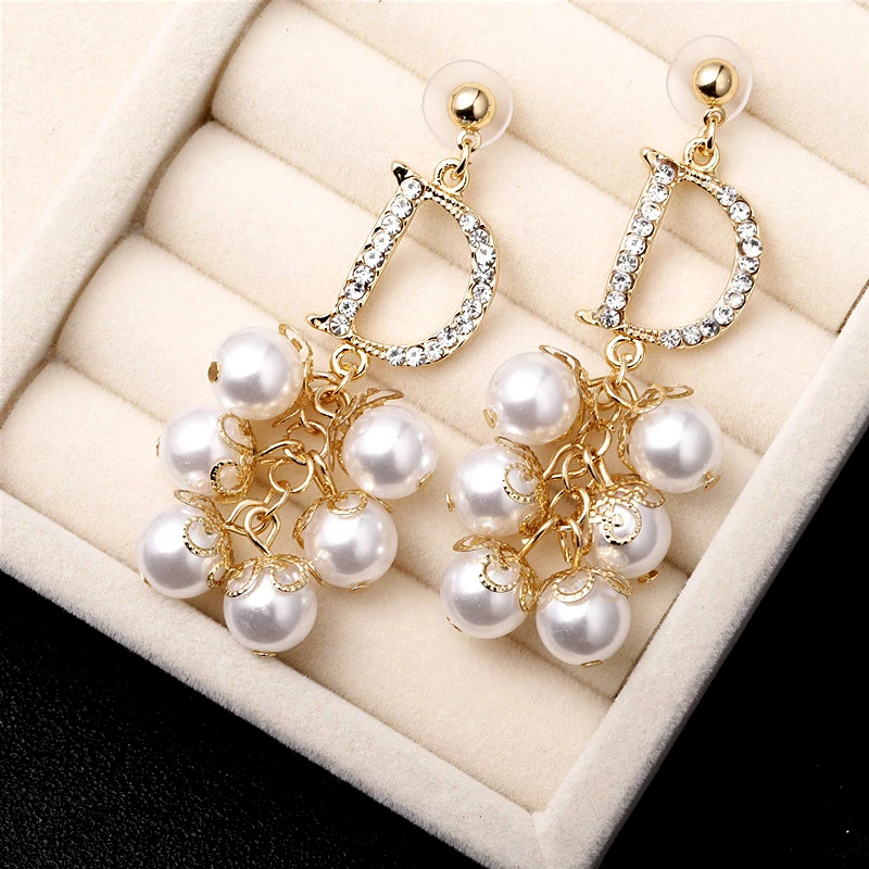 Luxury Pearl Tassel Stud Earrings for Women Designer Brand Letter D Cubic Zirconia Earings Fashion  Z280