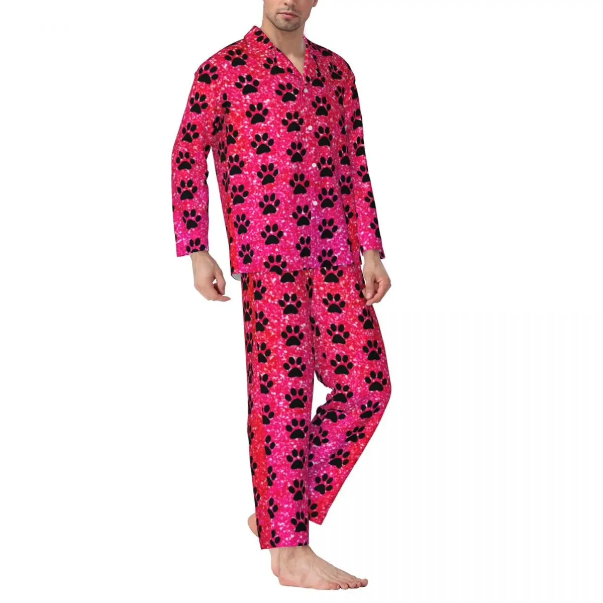 Pink Dog Paws Pajamas Male Red Glitter Print Comfortable Room Nightwear Autumn 2 Pieces Casual Loose Oversized Graphic Home Suit