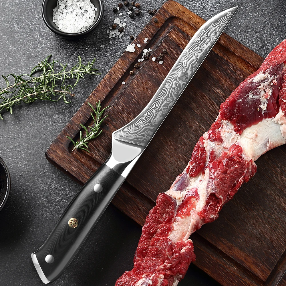 

Дамасский 6-дюймовый нож для обвалки, 67 слоев VG10, стальной сердечник, черная ручка G10, бритва, острый кухонный нож для филе, отделка мяса, резка
