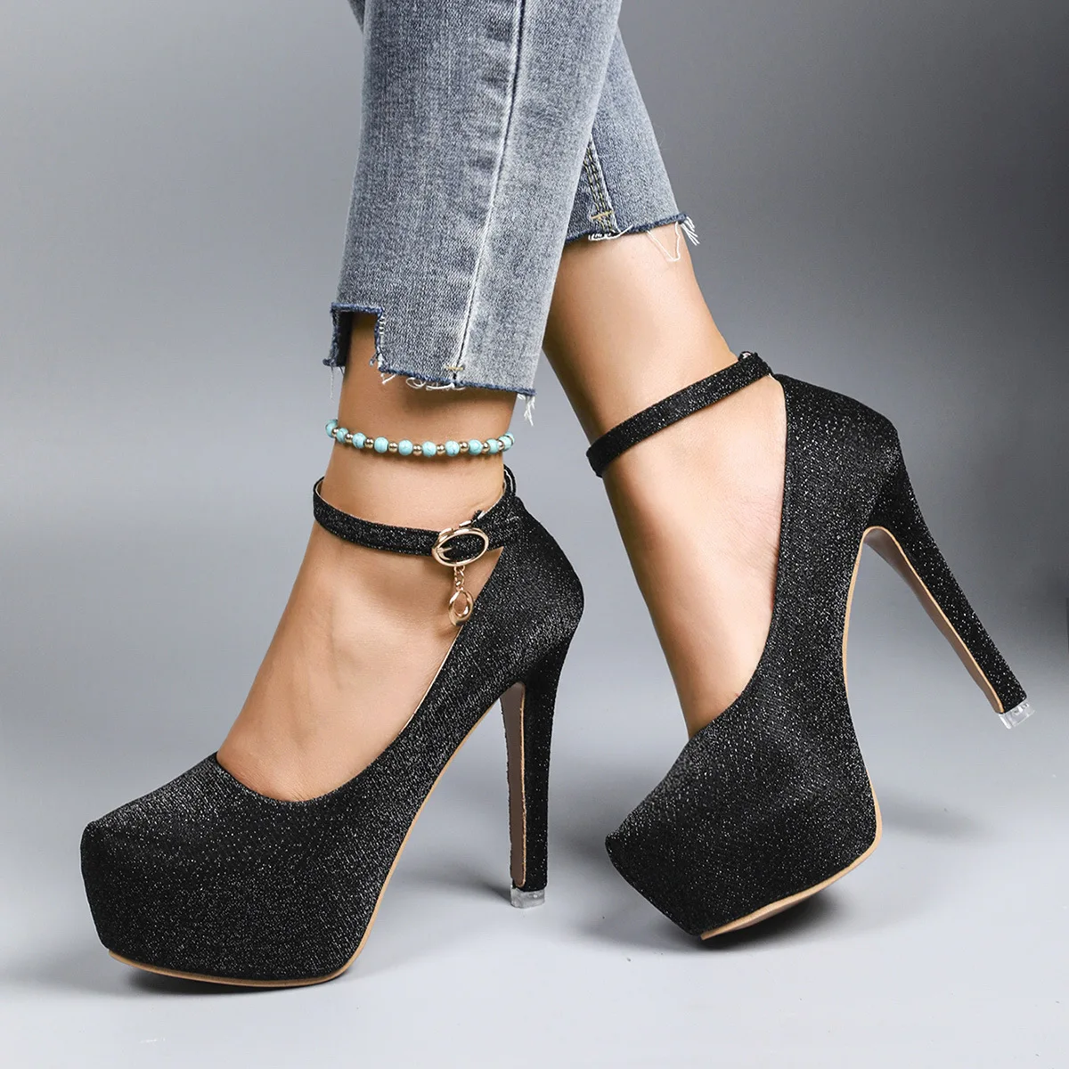 Women's High Heels 2025 New Style Semi-Uppered Thin Heel Waterproof Platform Buckle Fashion Shoes Large Size Strap Shoes