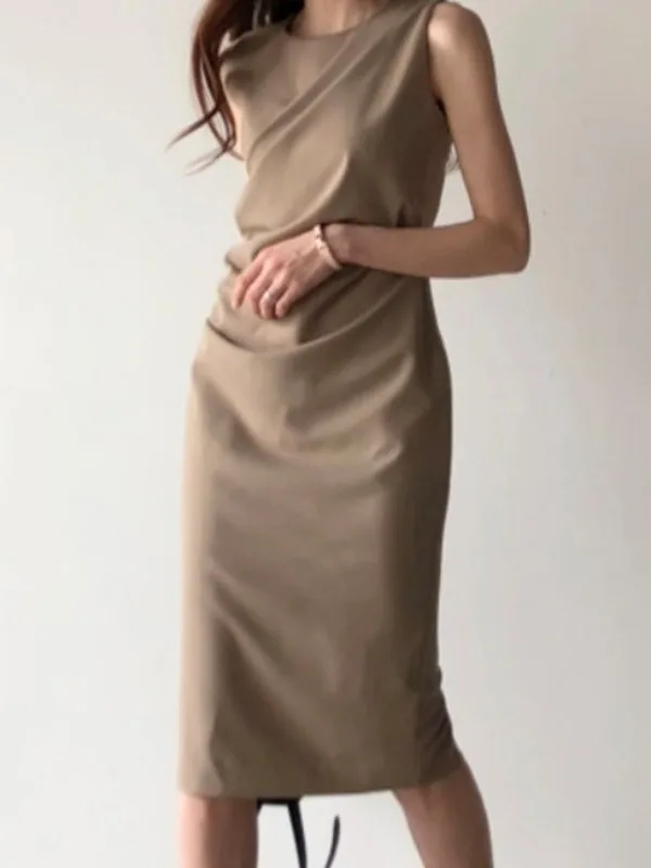 

Chic Summer Svel Wrap around Vest Dr Women's Gown round Ne Pleated Slimming Long Dr Fem Faionable Ele
