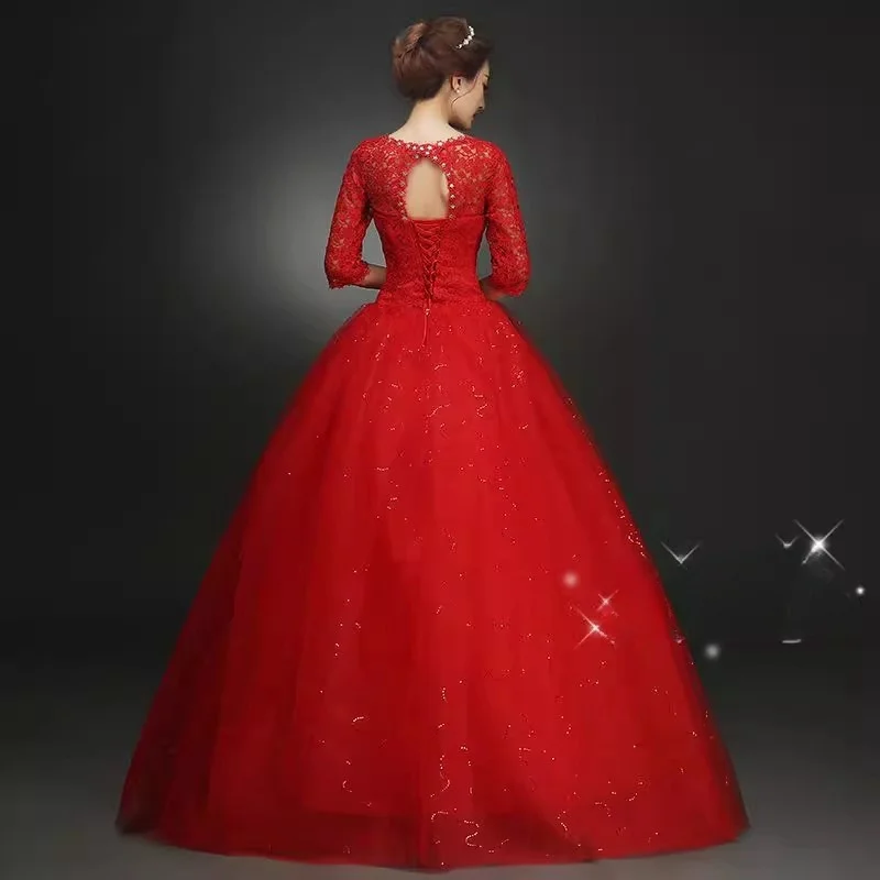 It\'s Yiiya Red Wedding Dresses Lace Crystal V-neck Half Sleeves Sequins Bling Princess Floor-length Plus size Bride Ball Gowns