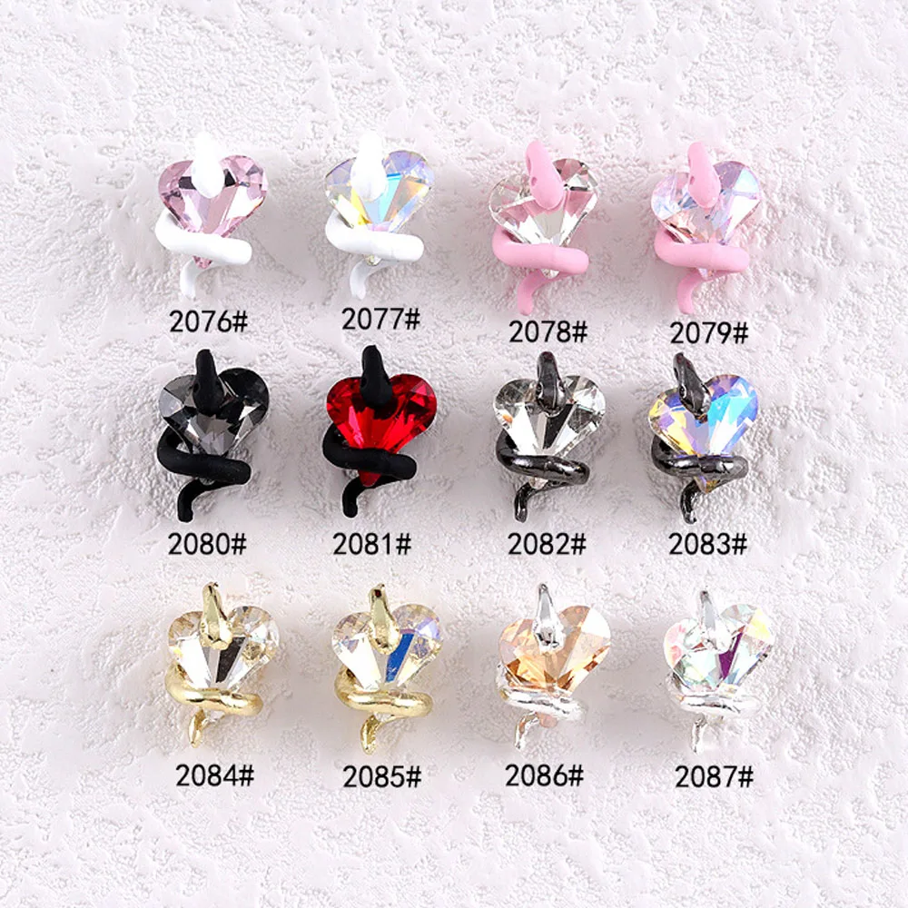 10Pcs Daimond Snake Crooked Heart Nail Art Charms 3D Alloy Snake Twists Around Crystal Decoration Luxury Nail Accessories Parts