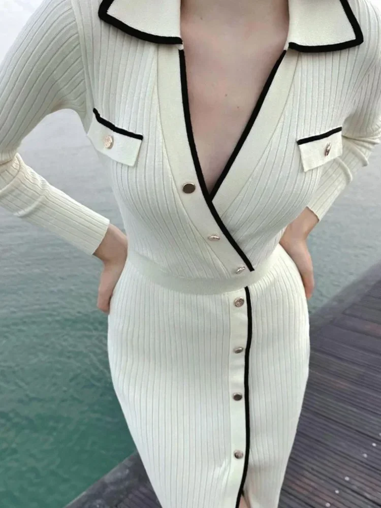 V Neck Women Sexy Slim Fit Long Dress Button Knitted Casual Regular Autumn 2024 Full Sleeve High Waist Elegant Ladies Dresses