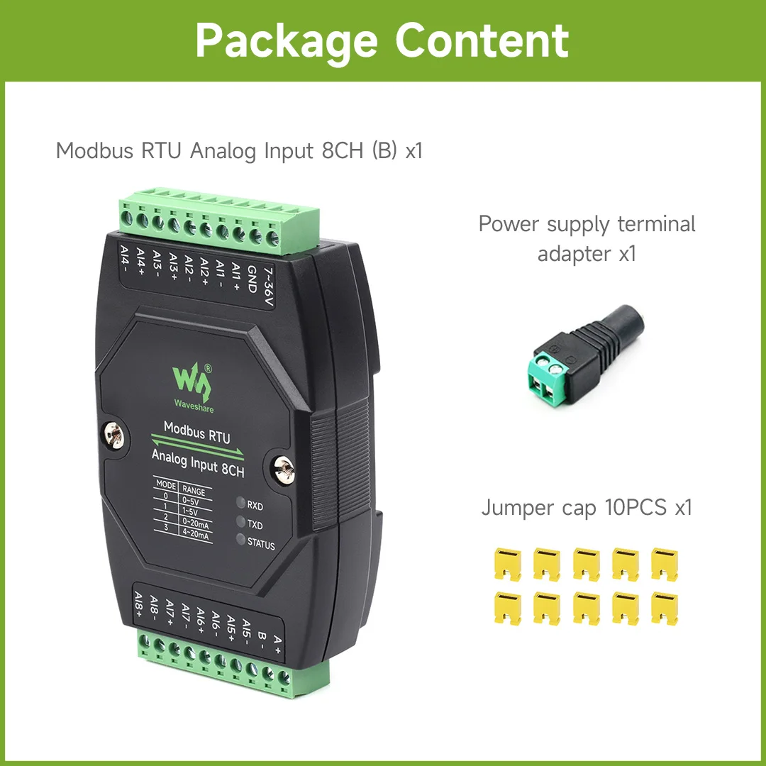 Waveshare Industrial 8-Ch Analog Acquisition Module, 12-bit High-precision, DC 7~36V Wide Voltage, Modbus RTU Protocol