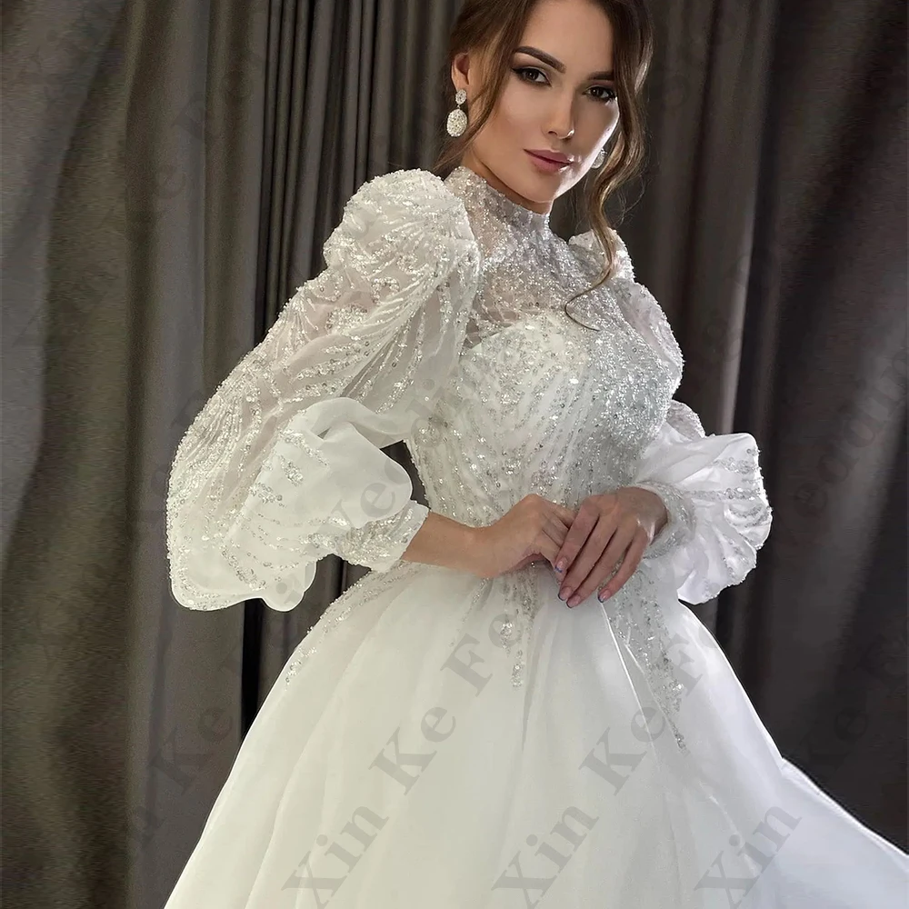 Fascinating Luxury Crystal Wedding Dresses A line High Neck Fluffy Long Sleeves Beautiful Princess Style Mopping Bride Gowns