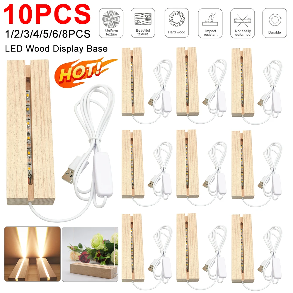 10pcs LED Wood Light Display Crystal Wooden Lighted Base Stand Acrylic Light Plate Base USB Wooden Base for Resin Art Lights