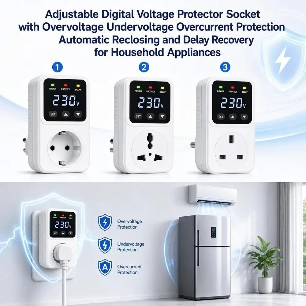 Adjustable Protection Voltage Protector Socket Digital Display Overcurrent Protection Overvoltage Protector Automatic Reclosing