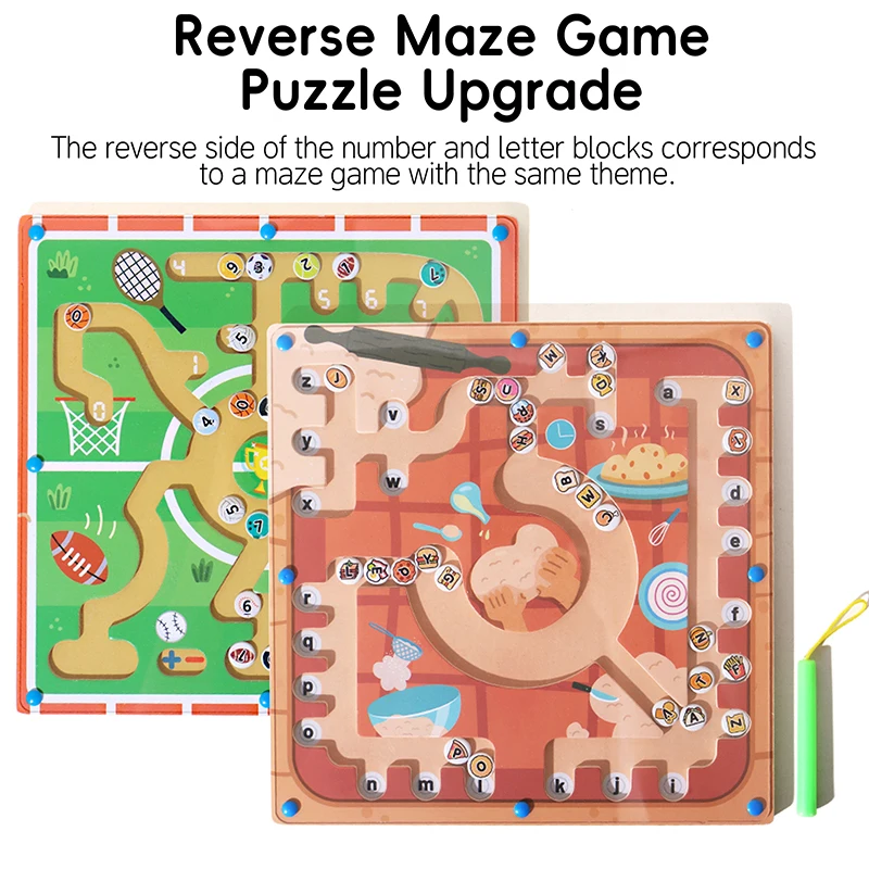 Drewniane Magnetyczne Litery i Cyfry Dwustronne Labirynty Edukacyjne Zabawki do Nauki Dopasowywania Kolorów Zabawki Montessori Prezenty dla Dzieci