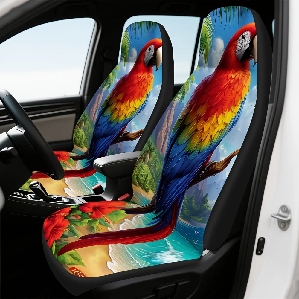 2pcs, Tropical Parrot Paradise Pattern Car Seat Covers, Comfortable And Durable, Fit For Front Seats, Perfect For Family Trips