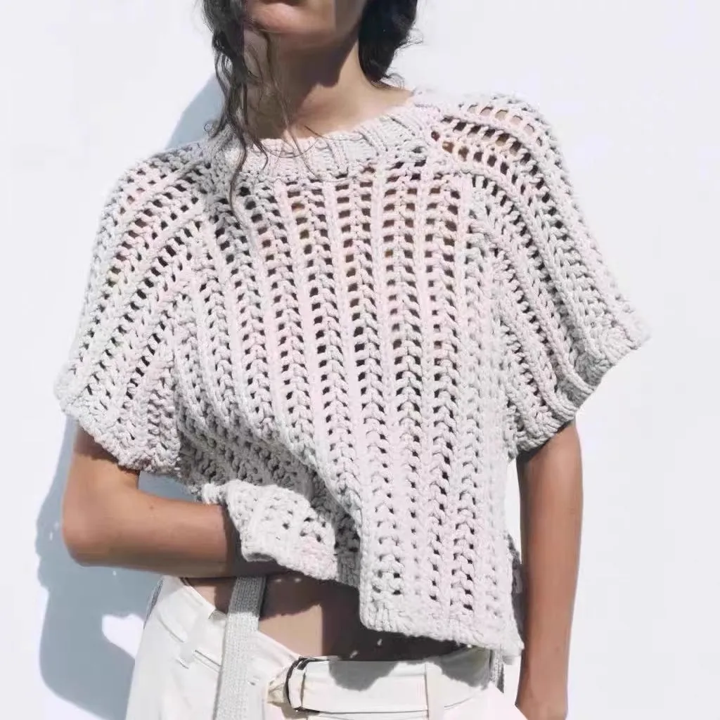 

PRINTKAOIR Hollow Out Knit Pullover Women Casual Round Neck Lace Up Bow Sweater Female Autumn Short Sleeves Solid Knitwears Lady