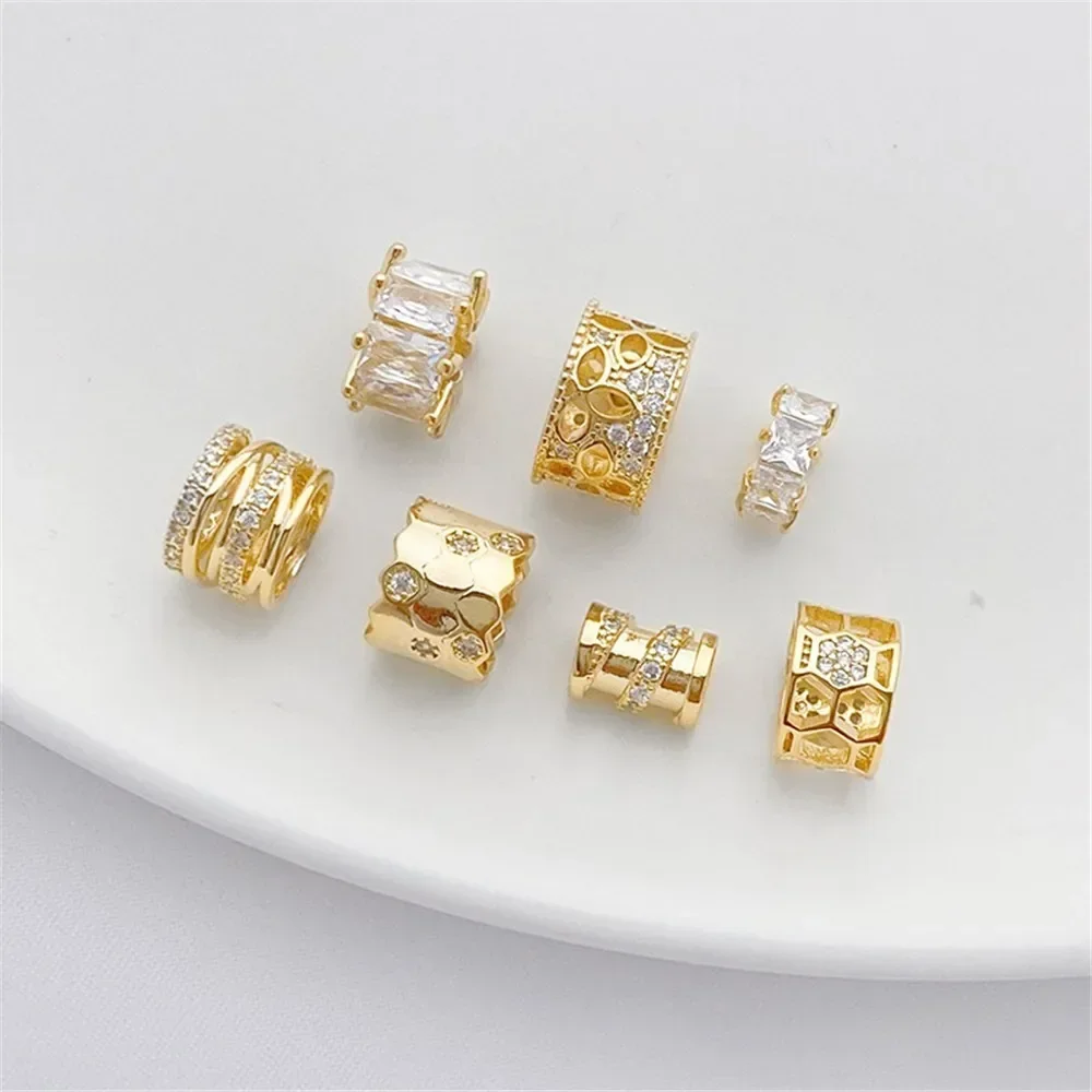 14K Gold Micro Inlaid Zircon Large Hole Road Tong Barrel Bead Pendant Separated Bead DIY Handmade Bracelet Necklace Material