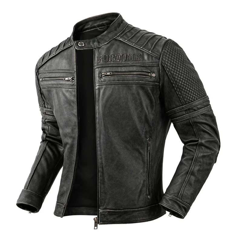 Men\'s Vintage Biker Jacket Top Layer Standing Collar Cowhide Motorcycle Jacket Classic Stone Milled Calfskin Moto Riding Suit