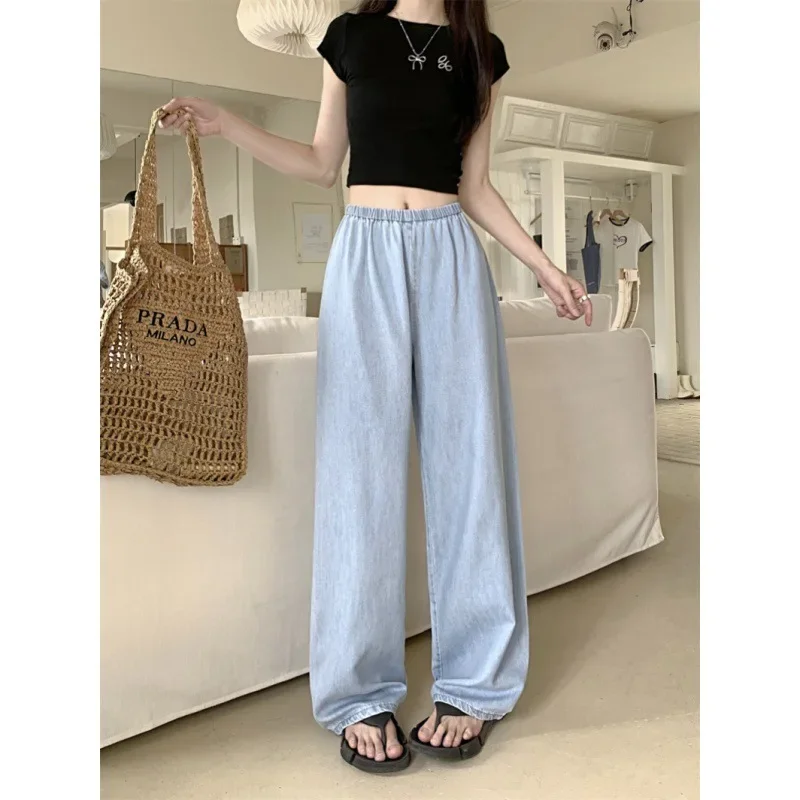 Korean Style High Waist Wide Leg Thin Ice Silk Jeans Women Summer Loose Fit Large Size Straight Pants Streetwear Women Y2k