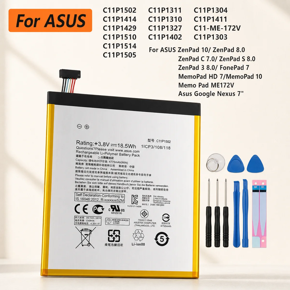 Replacement Battery For ASUS ZenPad 10/S 8.0 Z380KL, FonePad 7 ME175 ME372, MemoPad HD 7/10 ME172V, Nexus 7