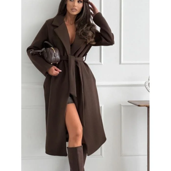 

Autumn Winter Cheered Woolen Coat Simple Long Sve Suit Collar Commuting Khaki Color Street Sle Women's Faion Outerwear
