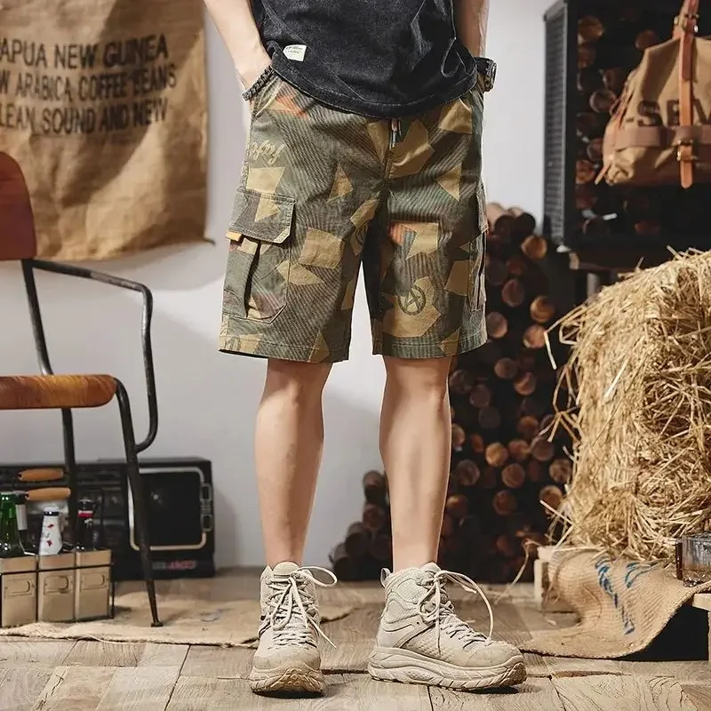 Male Short Pants Camo Elastic Waist Camouflage Men\'s Cargo Shorts with Draw String Designer Luxury Harajuku Loose Homme Strech