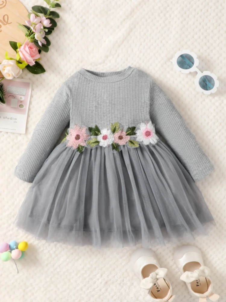 Infant Girl Embroidered Flower Dress Long Sleeve Splicing Gauze Princess Dress Wedding Flower Girls Clothes for 3-18M Toddlers