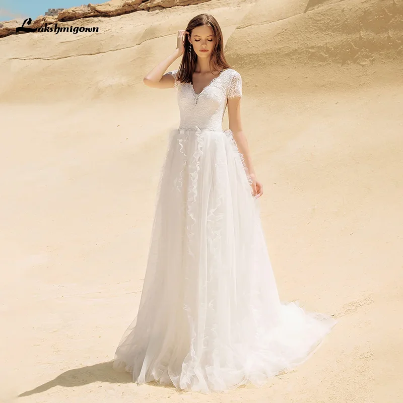 Fairy Beach Wedding Dress abito da sposa New V Neck Short Sleeve Lace Beach A Line Wedding Gown Elegant Tulle Bridal Dress