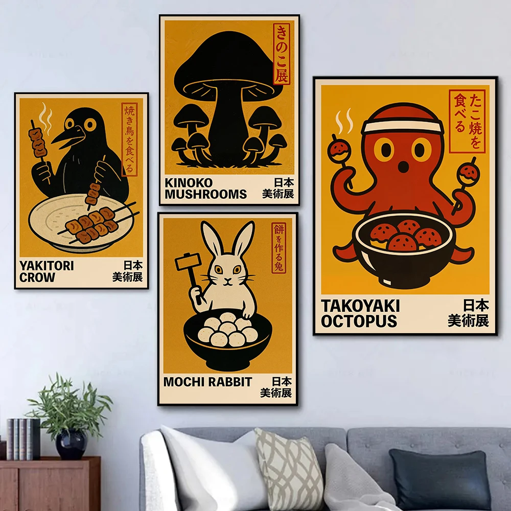 Japanese Anime Style Takoyaki Matcha Udon Black Cat Retro Posters Prints Canvas Painting Wall Art Picture Living Room Home Decor view 2
