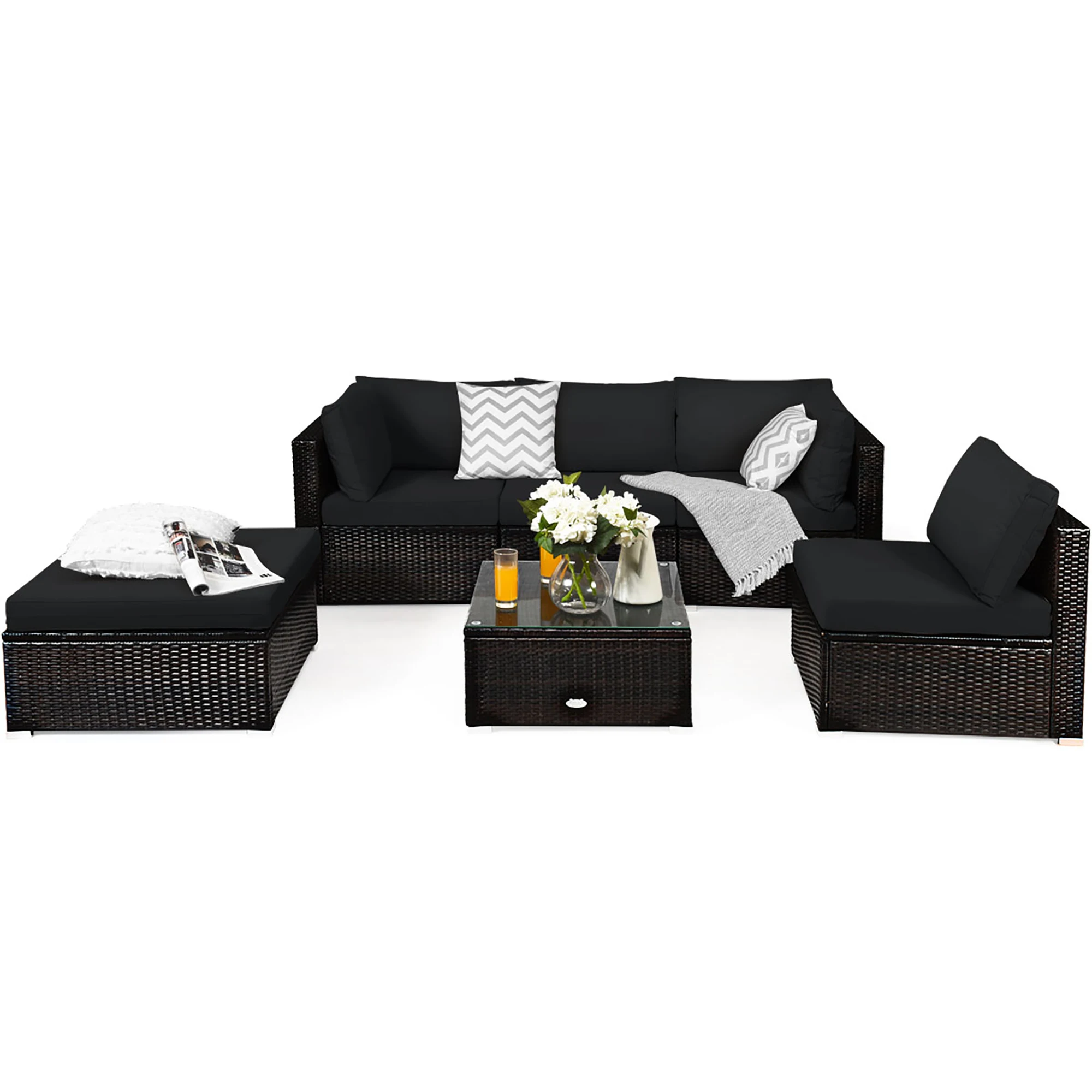 Conjunto de muebles de mimbre para Patio exterior, sofá seccional acolchado, color negro, 6 piezas