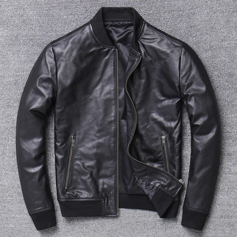 

New Men's Genuine Leather Jaet Harajuku Sle ort Baseball Coat Motorcycle Jaet Zipper Closure Faion Urban Youth