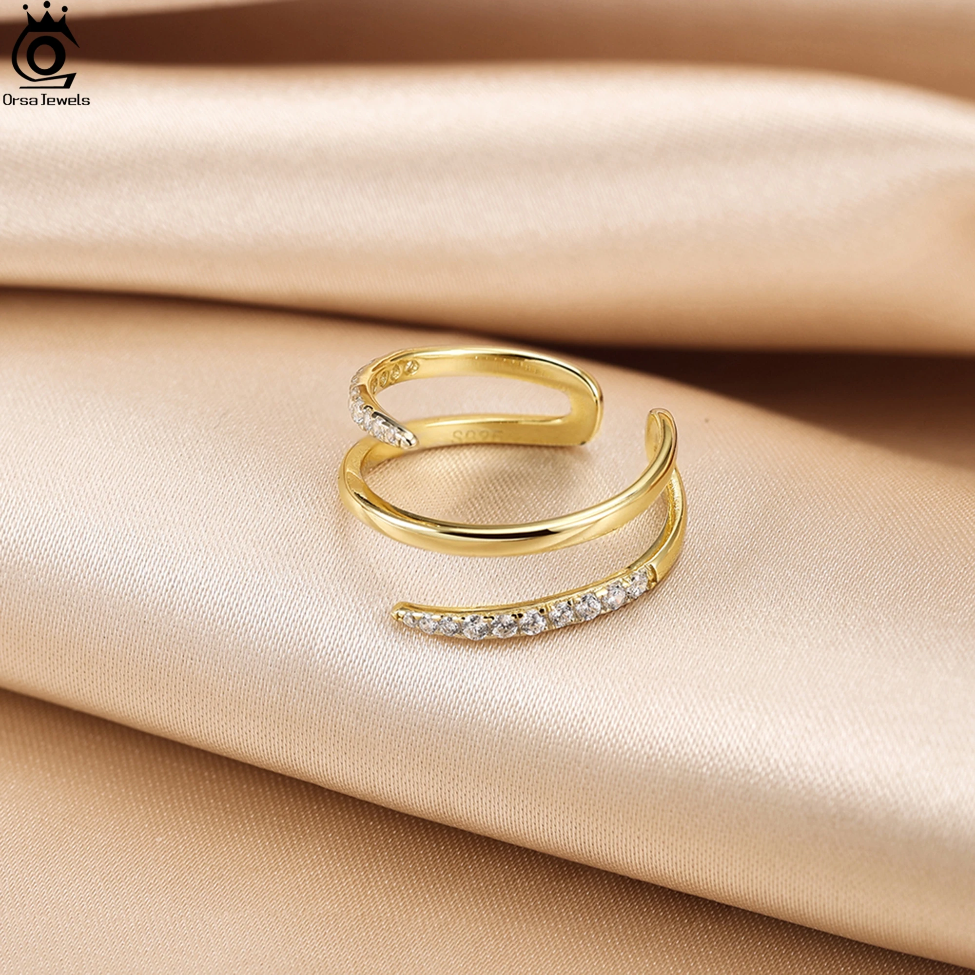 

ORSA JEWELS 14K Gold Open Ring Three Layered Design With AAAA Cubic Zirconia Decoration Finger Rings Women Jewelry Present APR35