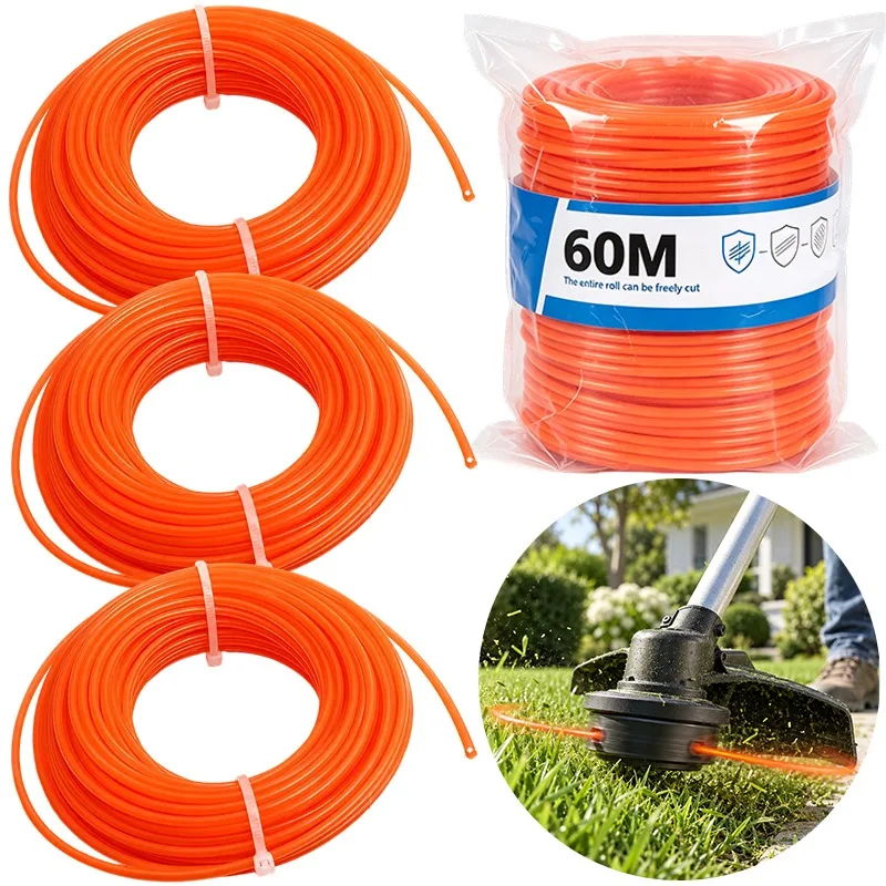 15/60M String Trimmer Line Nylon Weed Eater String Orange Replacement Cutting Line Electric Gas Trimmers Lawn Grass Weed Garden