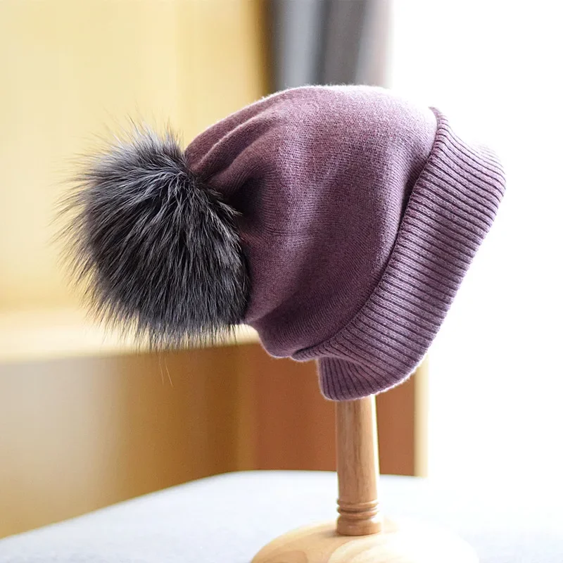 Thick Warm Skullies Cap for Women New Winter Rabbit Fur Knitted Beanies Hat with Detachable Real Fox Fur Pom Poms 2024 New