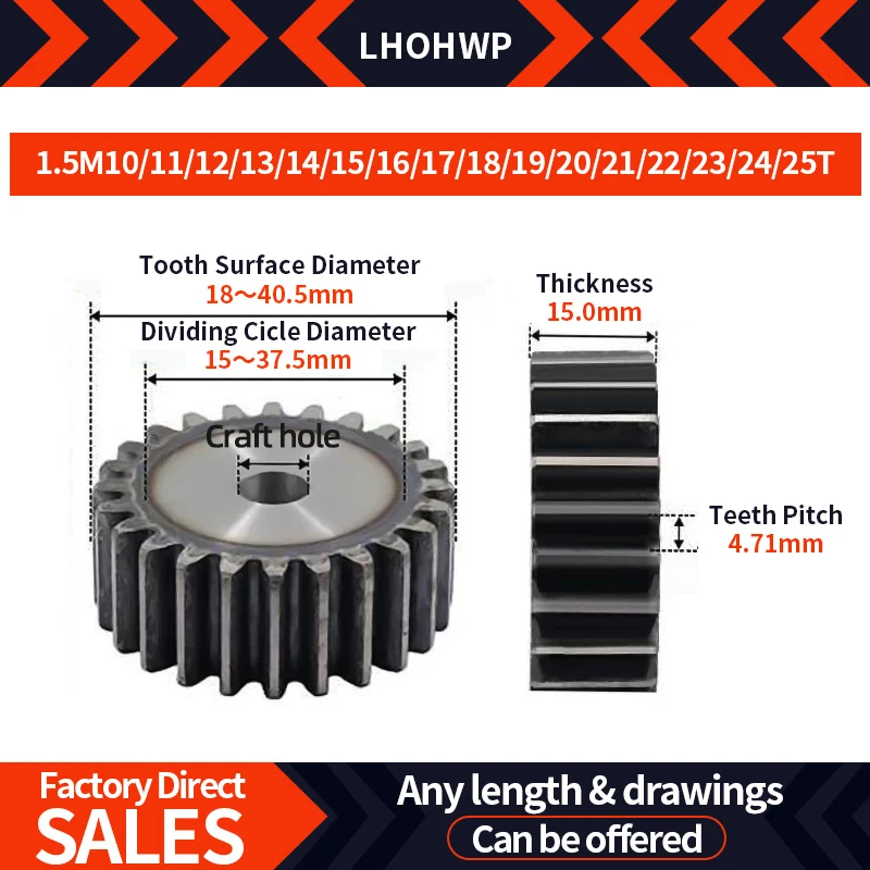 Precision Spur Gear 1.5 Module 10-25 Teeth 15mm Thickness 45 Steel High-Frequency Hardened Tooth Surface