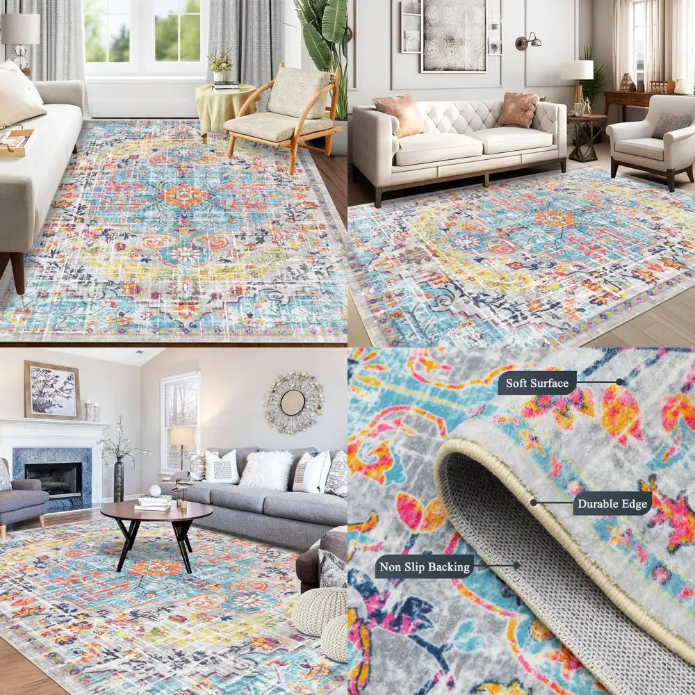 

Vintage Boho Style 5x7 Washable Area Rug - Soft, Non-Slip for Living Room, Bedroom, and Dining Room
