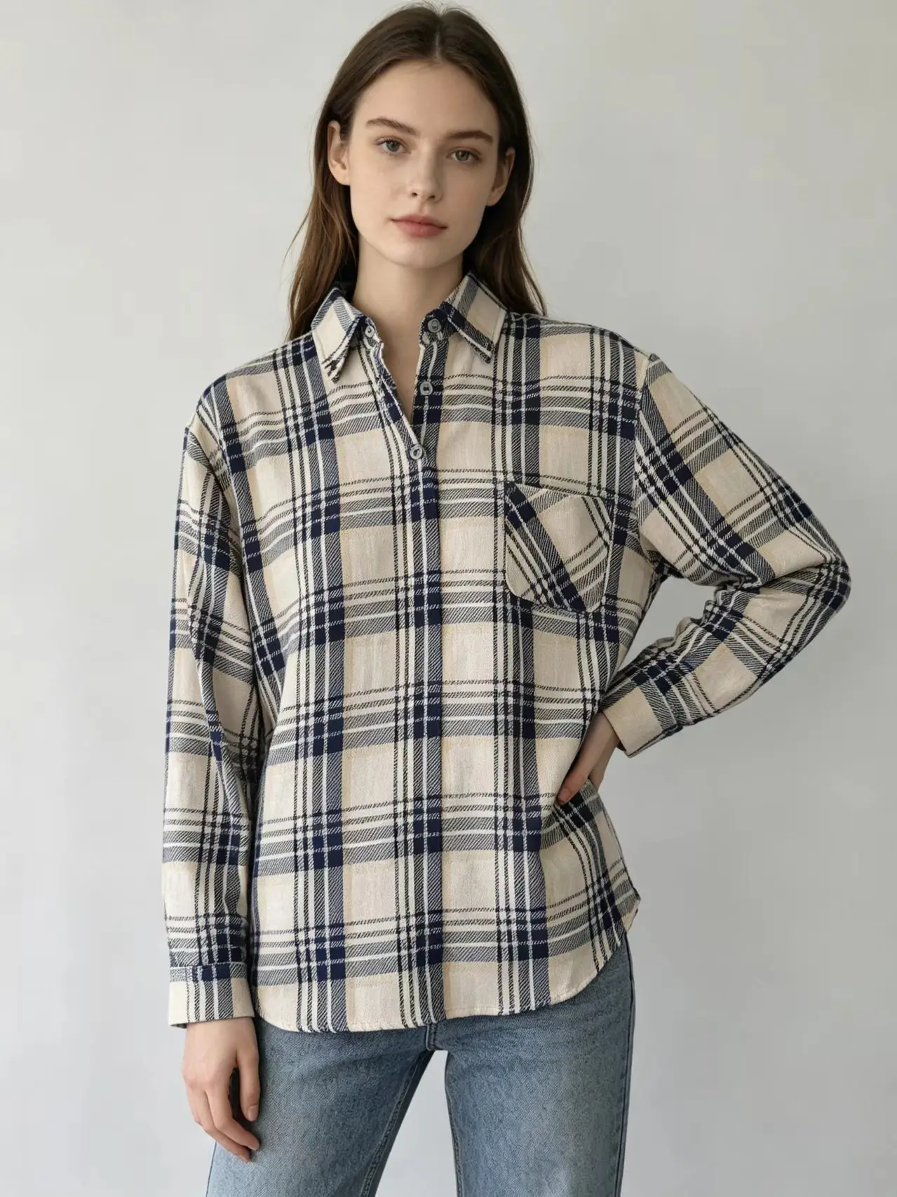 Women Beige Navy Plaid Flannel Shirt Oversized Long Sleeve Lapel Button Up Shirt Loose Casual Autumn Winter Blouse With Pocket