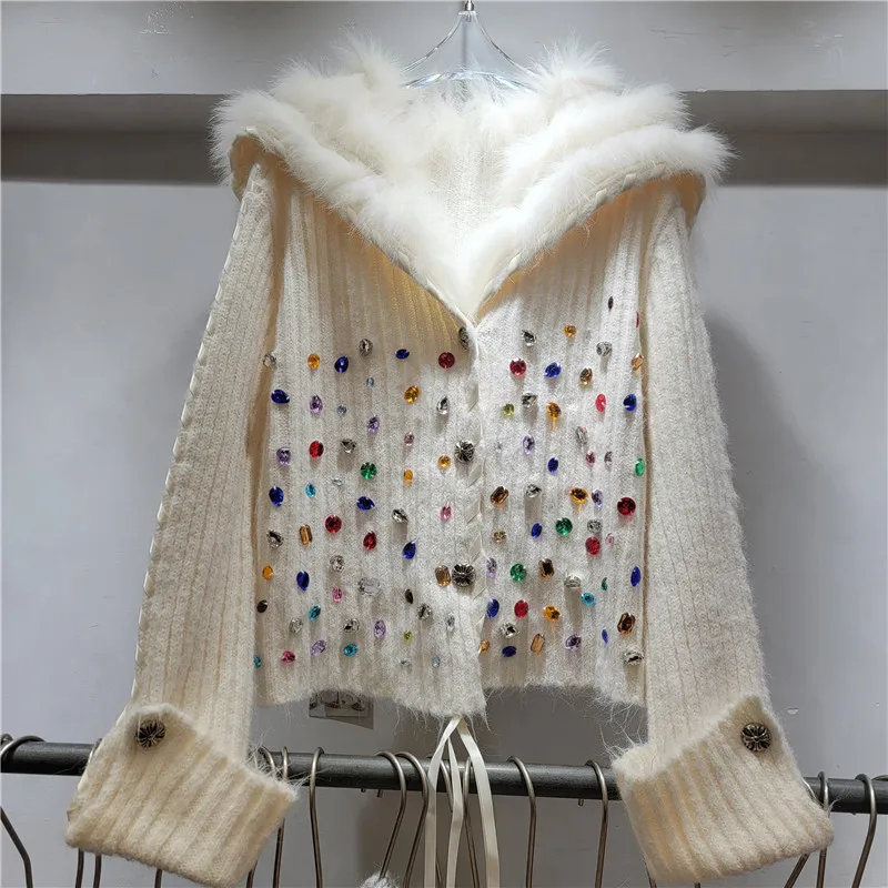Industria pesante Diamante colorato Peluche Colletto blu scuro Cardigan corto Giacca monopetto lavorata a maglia moda casual Top Donna Autunno