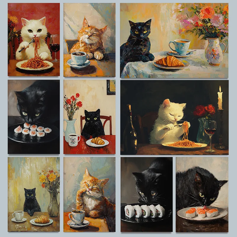 Póster de espagueti con diseño de gato negro, Sushi, jengibre, café frío, Croissant, espagueti, imágenes artísticas de pared, pintura en lienzo, decoración del hogar para habitación
