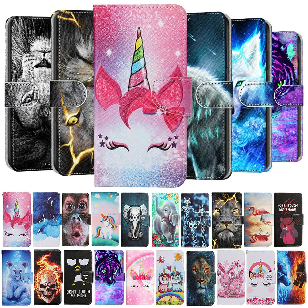 Animal Unicorn Bear Tiger Wolf Case For Samsung Galaxy S21 Fe S22 S23 Plus Ultra Cartoon Wallet Stand Leather Flip Back Cover