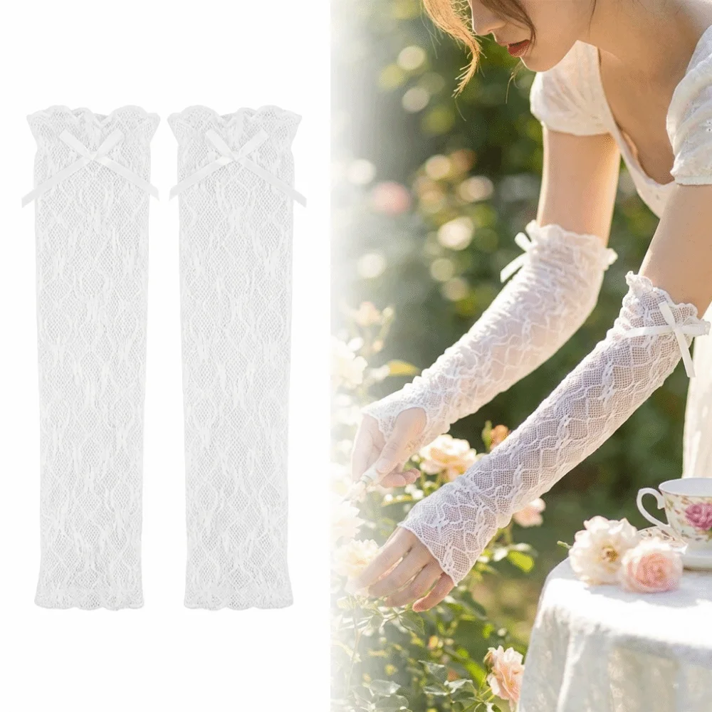 

Y2k Aesthetic Lace Ruffle Arm Sleeves Fishnet Design Elastic Cuff Lace Gloves Bowknot Strapping Y2k Gloves Girl